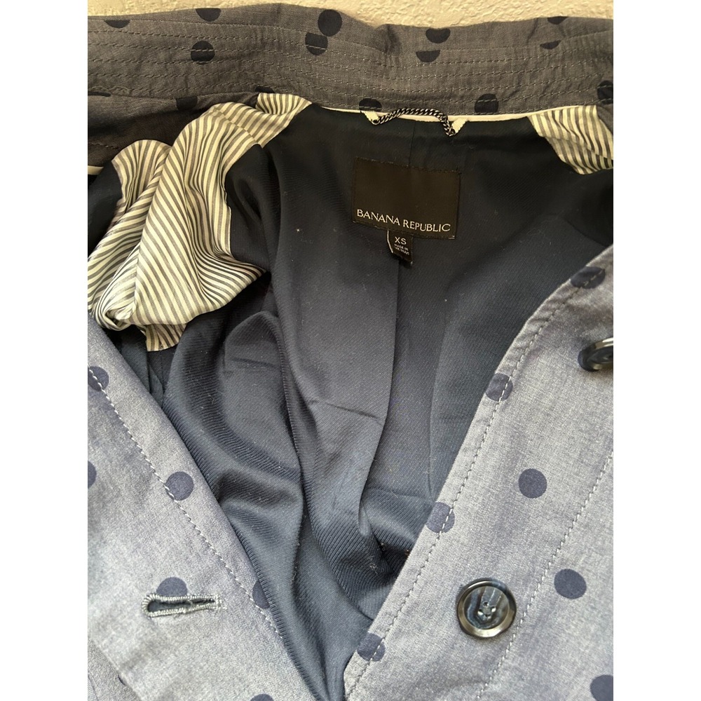 Banana Republic Polka Dot Trench Coat Water Resistant Belt Button Blue XS EUC - Picture 10 of 10